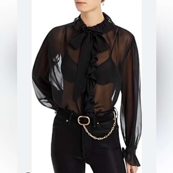 Frame sheer ruffle front bow blouse small